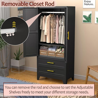 winiowa Metal Armoire Wardrobe Closet with 2 Drawers, 71" Wardrobe Cabinet with Adjustable Shelves and Hanging Rod, Clothing Storage Cabinet Closet with Mirror for Bedroom-Black