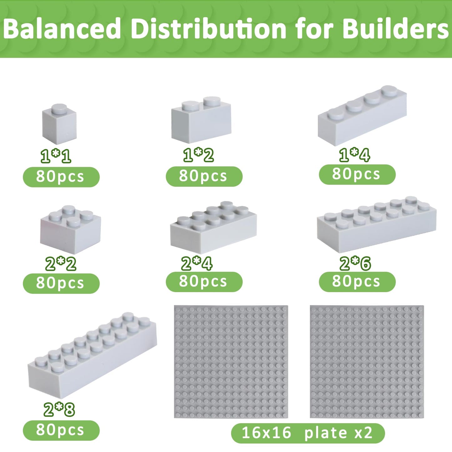 Cabeeskii 560 Pieces Gray Classic Building Blocks Bulk with 2 Base Plates, Building Bricks in 7 Size, Compatible with All Major Bricks, for Kids & MOC Lovers