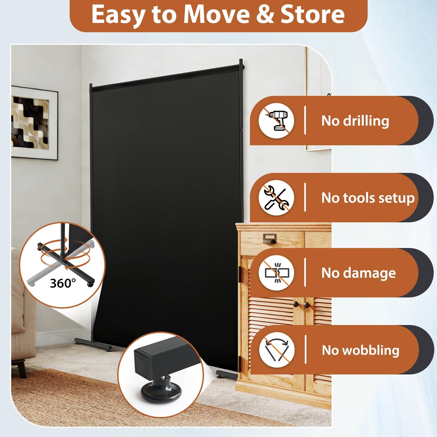 Room Divider Single Panel, 5FTX6FT Compact Privacy Screen with Thick Fabric,Temporary Partition Wall for Room Separation, Portable for Studio Apartment, Bedroom,Home Office,Black