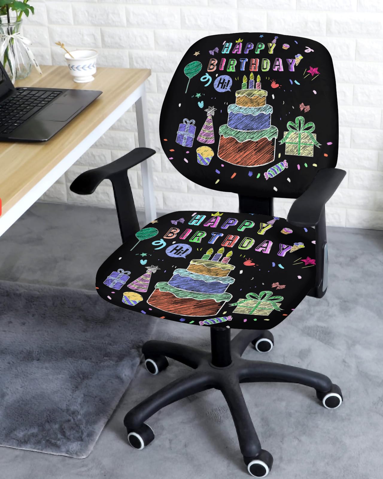 LiDU Happy Birthday Office Chair Cover - Stretch Rotating Computer Chair Seat Back Covers, Birthday Gifts Cake Balloons Black Desk Chair Covers Stretchable Office Chair Slipcovers Protectors