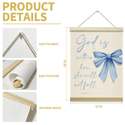 Blue Bow Coquette Poster Hanger Frame, God is within Her Bible Verse Christian Posters Canvas Wall Art for Women Girls Dorm Bedroom Decor, 12x16 Inches -030
