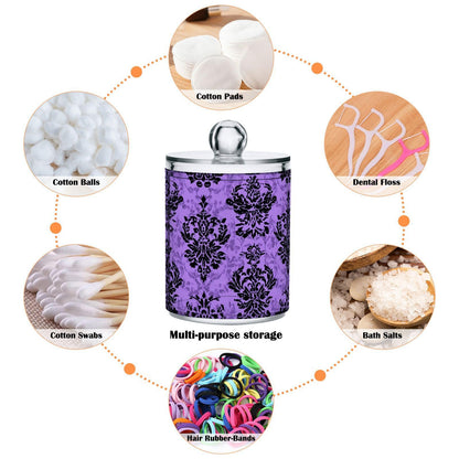 Halloween Purple Haunted Damask Qtip Holder Dispenser Qtip Apothecary Jar Plastic Bathroom Storage Canister 10 Oz for Cotton Ball Swab Round Pads Floss 2pc
