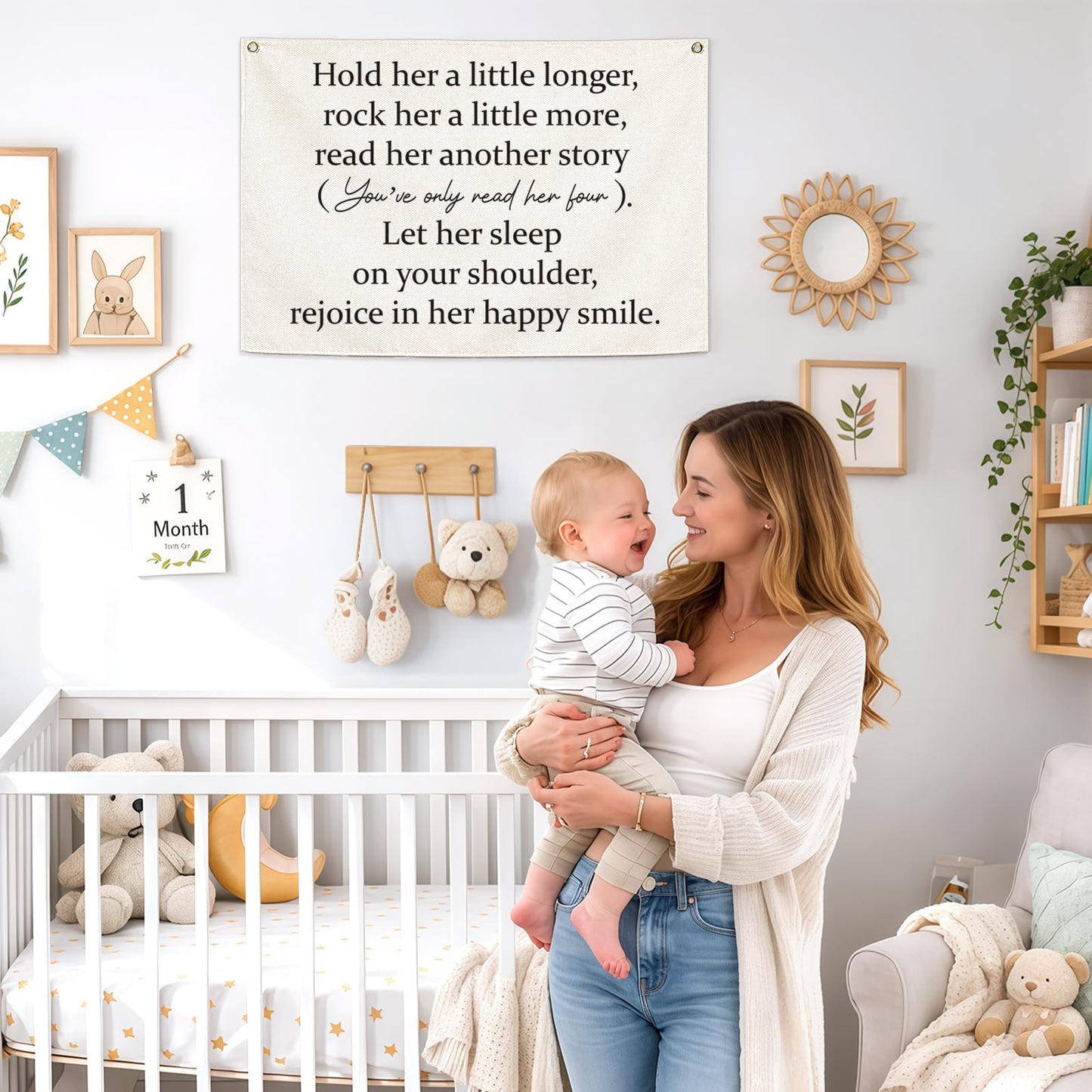 Girls Nursery Canvas Rectangular Banner-Hanging Flag Wall Decoration for Baby Girls Kids,Playroom Bedroom Dorm Decor,Baby Shower Christmas Gift-Hold Her A Little Longer 28.5"L×20"W