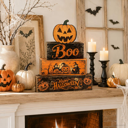 4 Pcs Halloween Decorations Scary Pumpkin Wooden Signs Farmhouse Rustic Tiered Tray Decor Boo Happy Halloween Tabletop Centerpiece for Home Kitchen Shelf Mantel