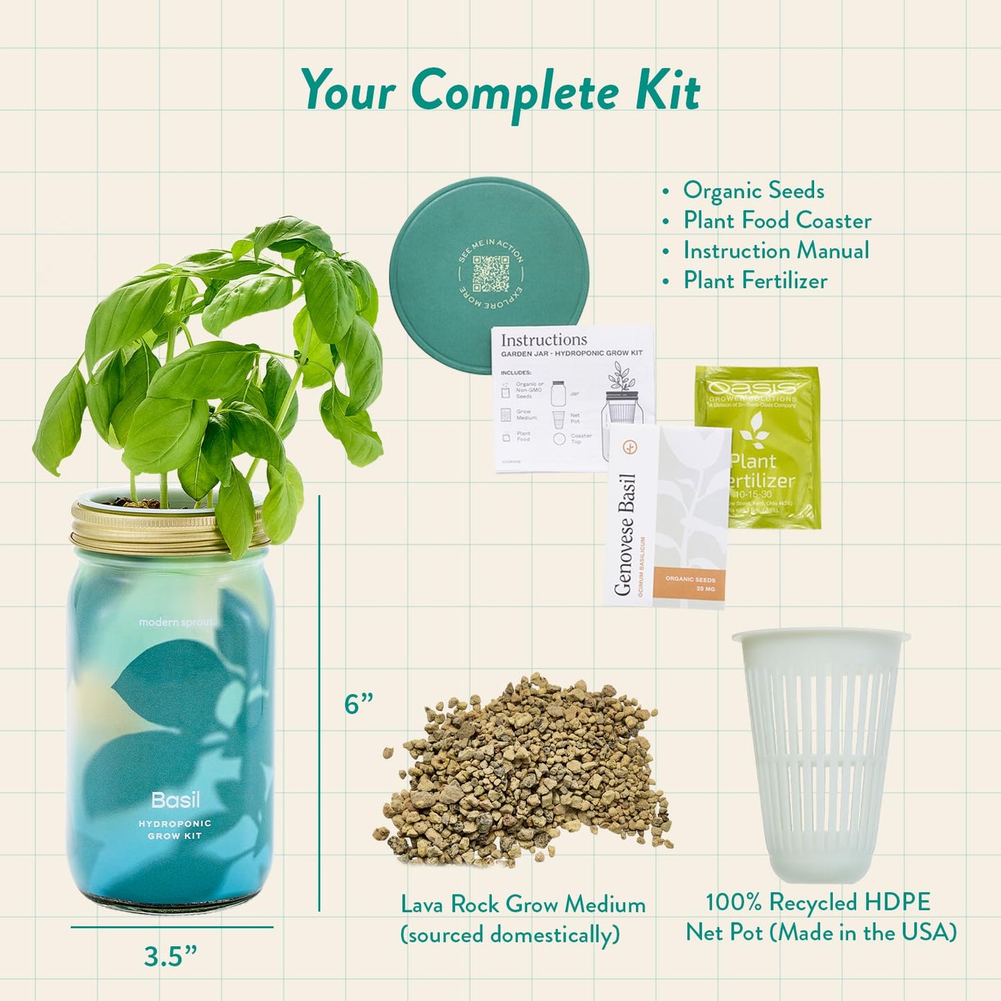 Modern Sprout Mason Garden Jar - Self-Watering Hydroponics Growing System Kit with Organic Herb Seeds - Jar Planter for Indoor Herb Garden - Seed Starter Kit - Home Decor & Gifting - Basil