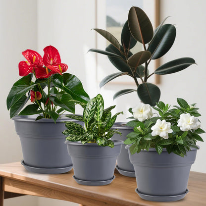 Myfeegoin 10-inch-Plant-Pots-Indoor-Outdoor, 4 Pack Plastic Planters with Drainage Holes & Saucers, Resin Flower Pots with Trays, Classic Garden Pot Container for House