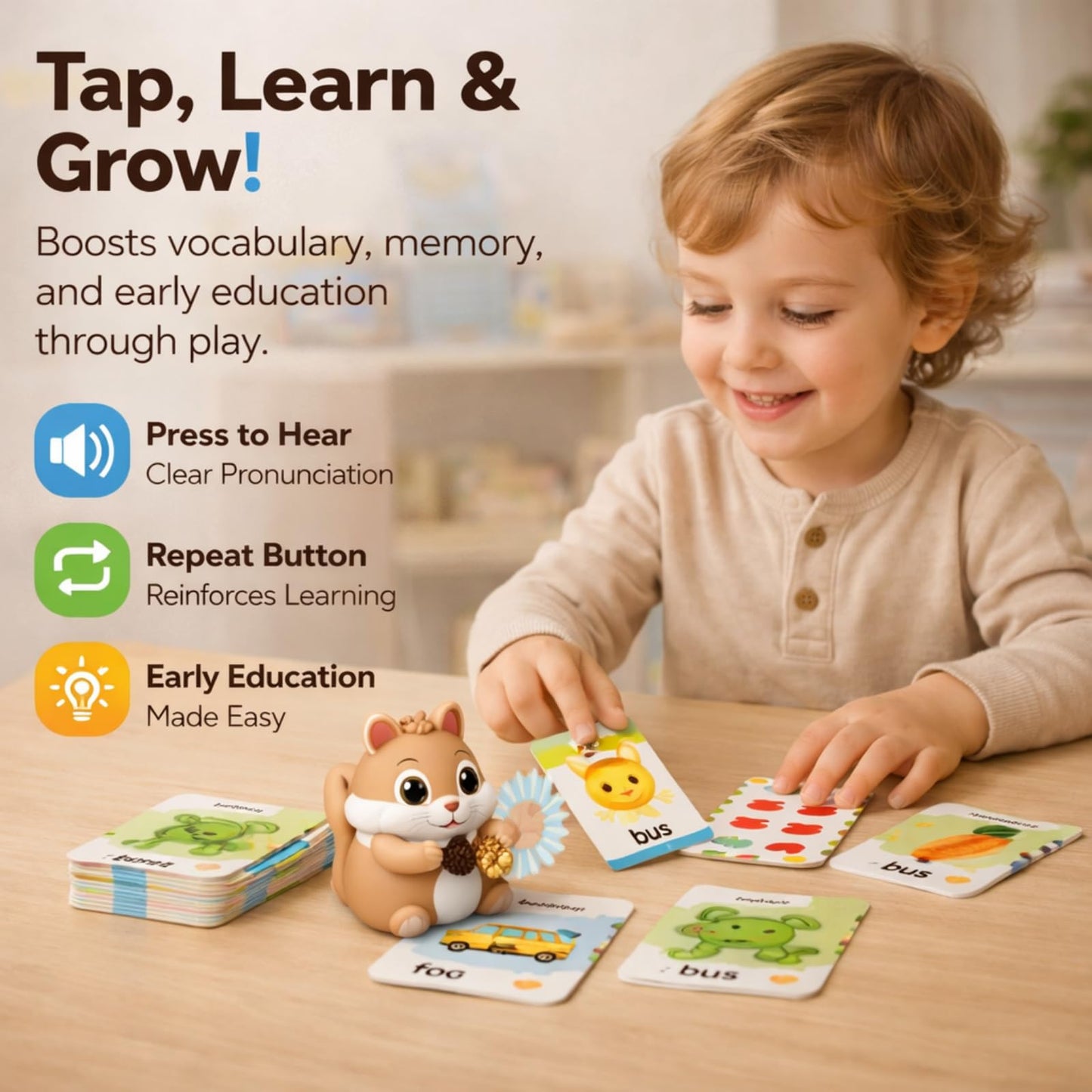 Little Squirrel Talking Pen with 55 Double-Sided Talking Flash Cards, Interactive Learning Toy for Kid, 1000+ Words, Phonics, Recording & Playback Function, Screen-Free Educational Toy for Toddlers