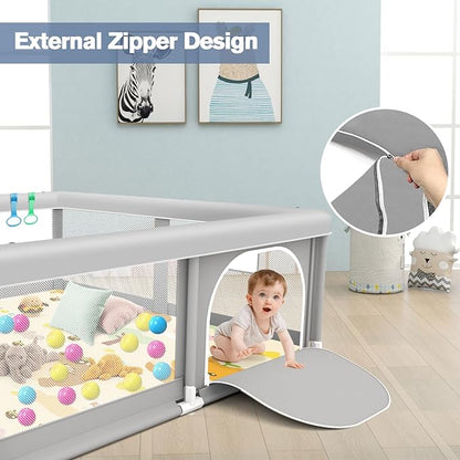 Baby Playpen with Mat, 50 x 50 inch, PlayPen for Babies and Toddlers, Sturdy Safety Play Pen with Soft Breathable Mesh (Ball and Pull Rings Included)