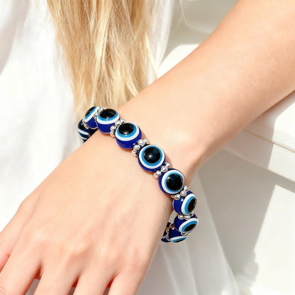 Cryhand Female 8mm Beaded Bracelets For Women 2PCS Evil Eyes Bracelet for Men Handmade Lucky Money Stretchy Crystal Bracelets Best Gifts