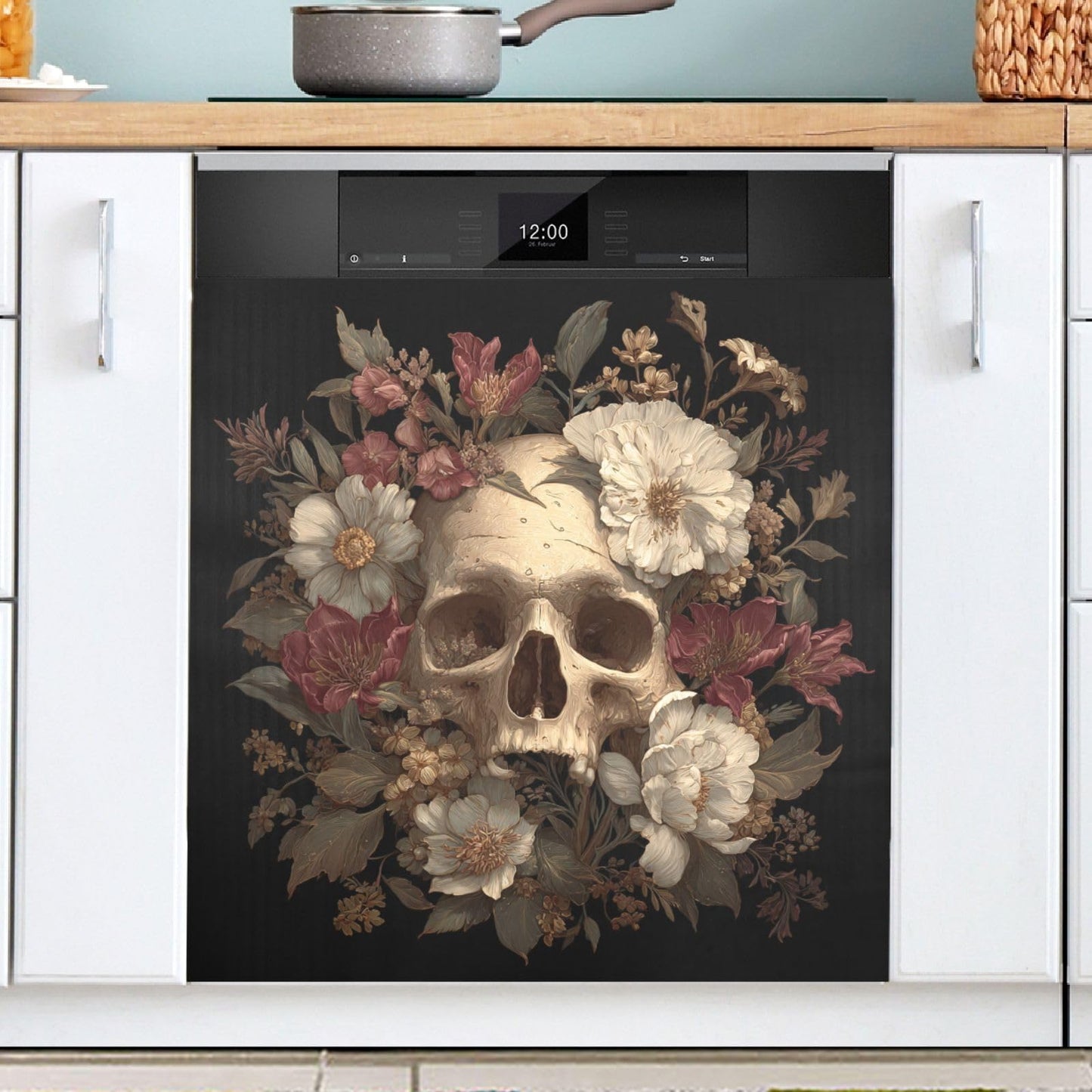 Halloween Skull White Flowers Dishwasher Magnet Cover for The Front Magnetic Dishwasher Magnets Decorative Cover Panel Magnetic Refrigerator Covers for Kitchen Farmhouse Home Decor - 23 X 26 in