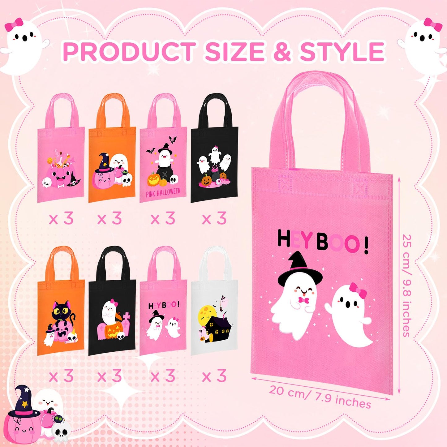 Toulite 24 Pcs Halloween Non Woven Bags with Handle Bulk Reusable Holiday Gifts Bags Ghost Pumpkin Spider Goodies Treat Candy Tote Pouch for Halloween Party Favors Wrapping Supplies, 7.9 x 9.8 Inch