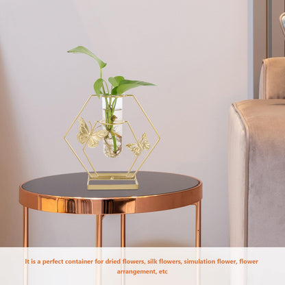 GOOHOCHY Glass Plant Terrarium Butterfly Pattern Hexagonal Vase with Metal Frame Desktop Decoration Home Flower Storage Vase for Living Room Tabletop Display