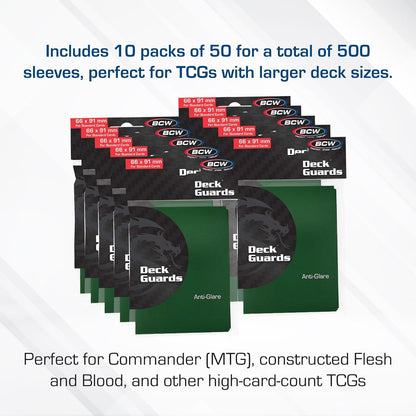BCW Deck Guard - Double Matte Card Sleeves | 500 Count Box (10 Packs of 50 Sleeves) |Acid-Free, No PVC | Fits 2.5" x 3.5" Game Cards | Archival Safe Sleeves for Card Protection (Green)