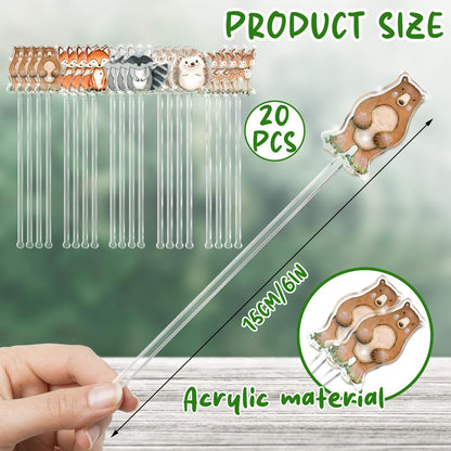 20 Pcs Woodland Animal Stir Sticks - 5 Cute Animals, Coffee Drink Stir Sticks Reusable for Animal Party/Woodland Baby Shower/Birthday Tea Coffee Bar Decorations, Party Supplies