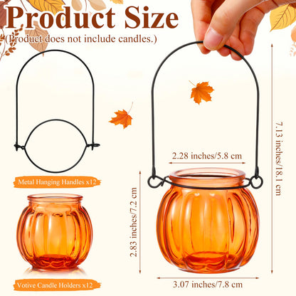Mumufy 12 Sets Pumpkin Votive Candle Holders Thanksgiving Tea Light Holder Glass Fall Candle Holders with Handle for Thanksgiving Table Centerpiece Decorations Halloween Party Decor(Orange)