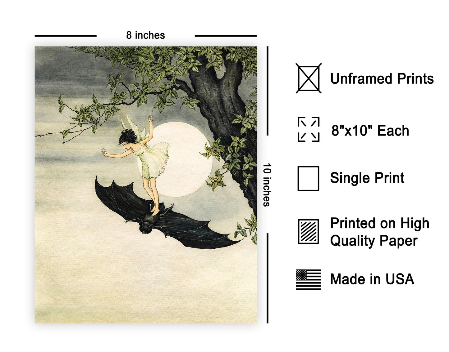 Poster Master Vintage Little Fairy Girl Riding a Bat Poster - Fairytale Print - Mythical Art - Fairy Art - Black Bat Creative - Halloween Showcase - Living Room or Bedroom Display - 8x10 UNFRAMED Wall Display