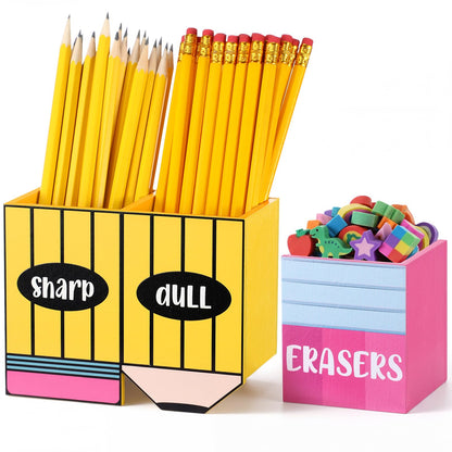 Eaasty Pencil Shaped and Sharp Dull Holder Eraser Wooden Dispenser Pencil Storage 3 Compartments for Back to School Teachers Classroom Organization(2 Pack,Simple)