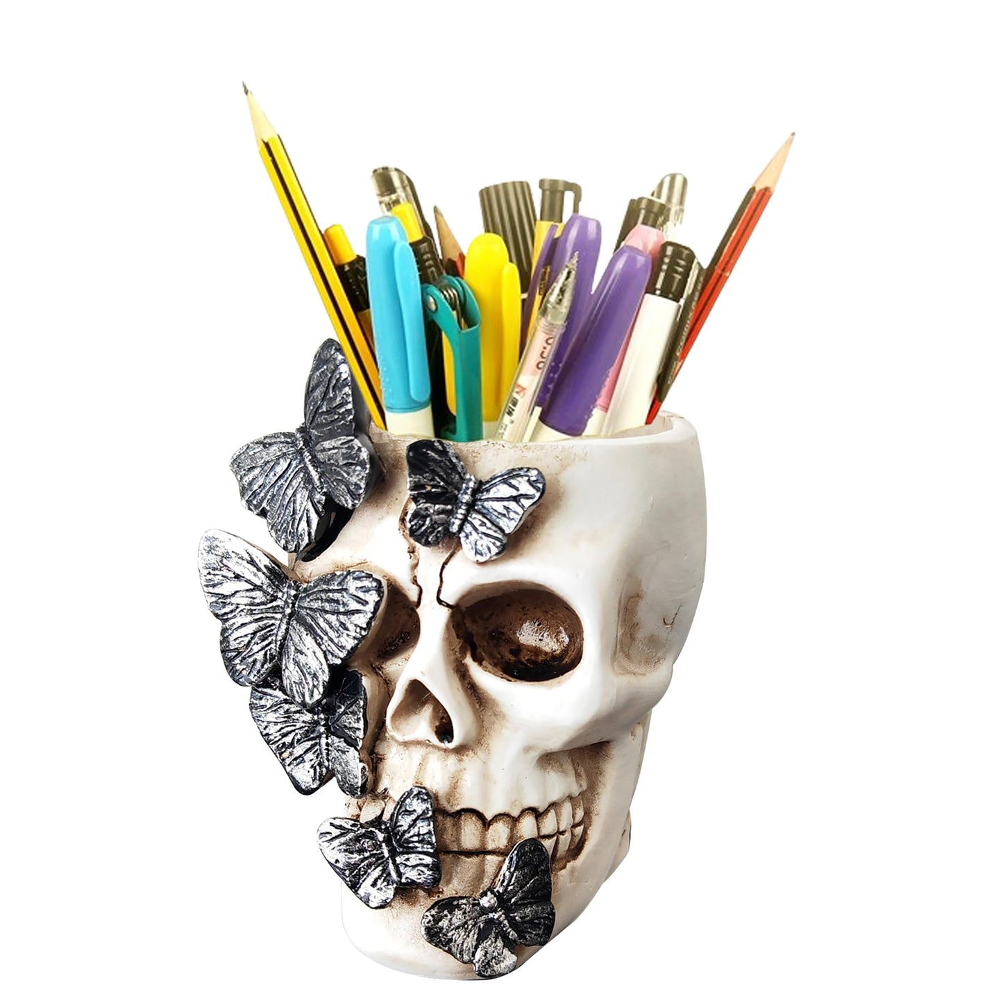 Fsocpen Skull Pen Holder,Skull Makeup Brush Holder,Bathroom storage Holder,Spooky Goth Decorations,Halloween Decoration,Vanity, Desk, Office Organizer, Stationary, Decor Planter