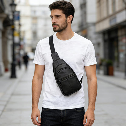 Small Leather Sling Bag Crossbody for Men Women One Strap Shoulder Cross Body Bag Sling Backpack for Travel, 9342 Black