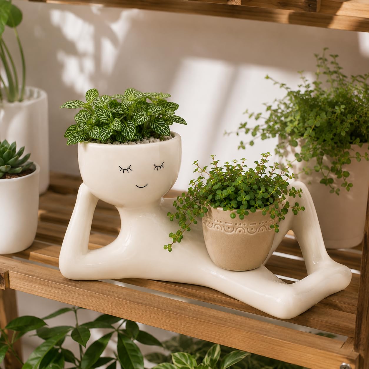 zhydrl Lazy Guy Planter - Resin Pot with Drainage Holes Cute Lying Down Smiling Figure for Succulents & Cacti, Unique Home Garden Decor Gift Idea for Indoor Outdoor Use