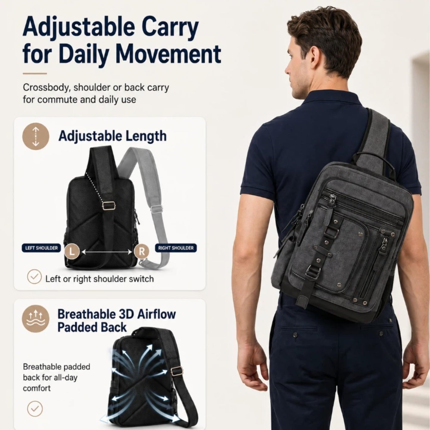 Schkleier Cross Body Bag for Men: Large Canvas Sling Backpack Messenger Bag Fits 15.6 Inch Laptop for Work Commute