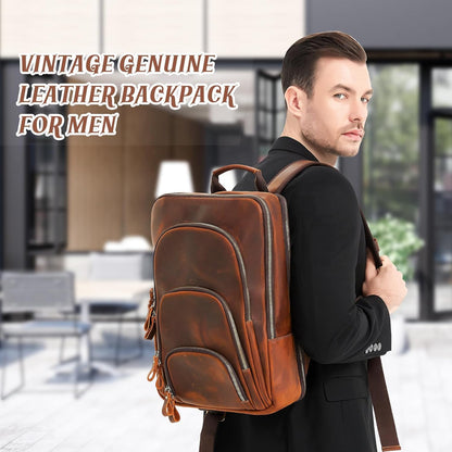 Fshsup Full Grain Leather Backpack 15.6" Laptop Bag Men's Vintage Genuine Leather Business Backpack Travel Hiking Camping Rucksack Overnight Weekender Daypack Backpack