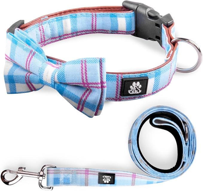 IVY&LANE Dog Collar with Bowtie and Leash Set | Plaid Adjustable Dog Collar | Detachable Bow Tie |5 FT Dog Leash | for Small Medium Large Dogs | Checkered Blue | Small