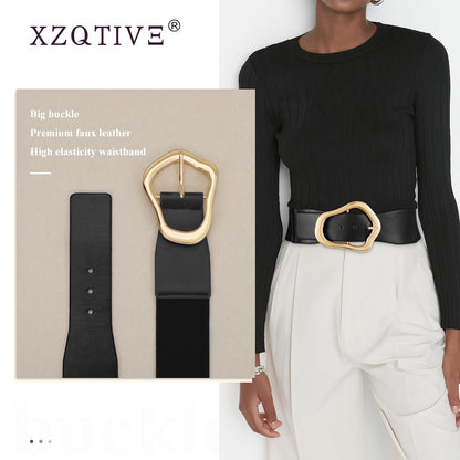 XZQTIVE Women Wide Elastic Waist Belt for Dresses Fashion Big Gold Buckle Stretchy Leather Waistband for Ladies, Black, 100cm