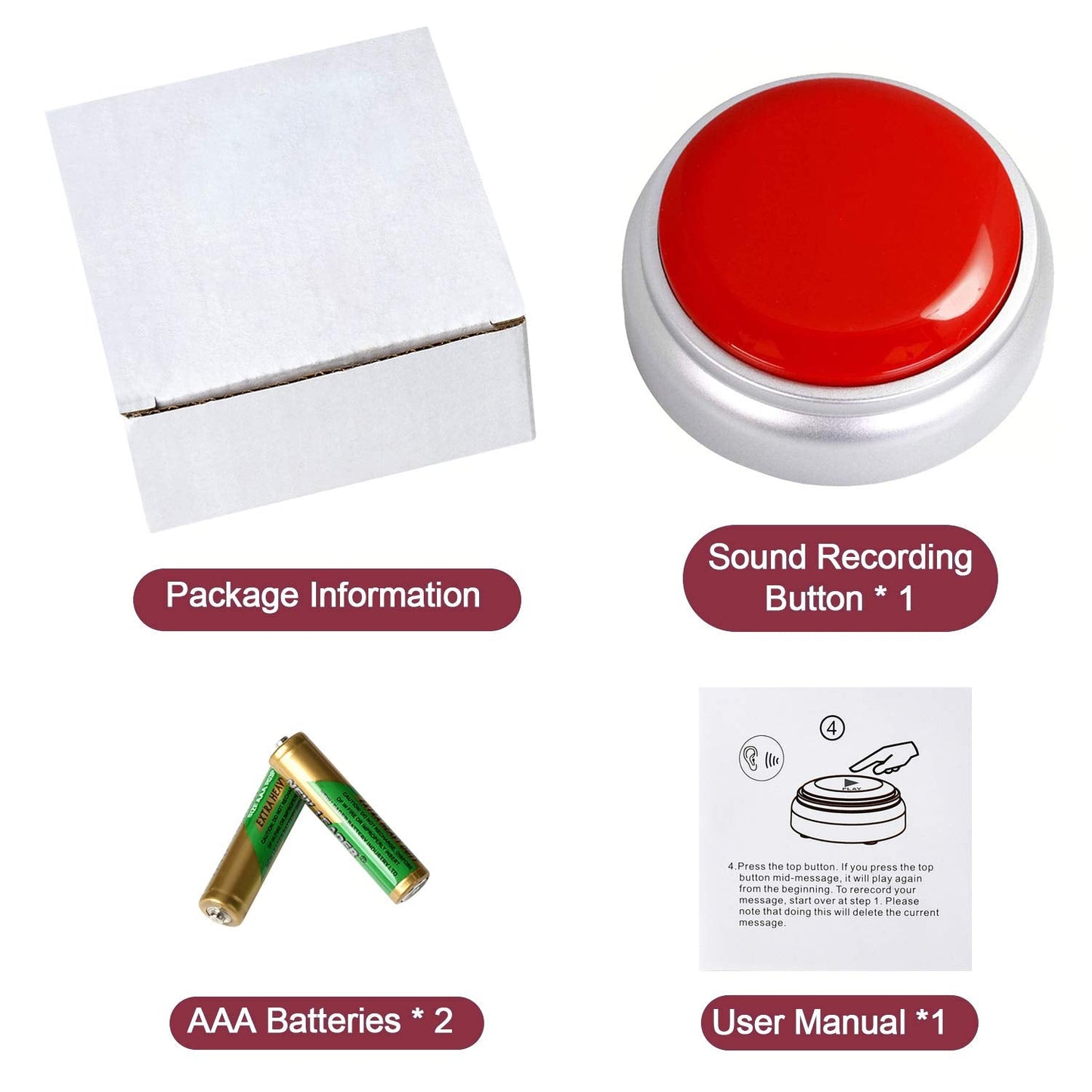 Sound Button- 30 Seconds Custom Recordable Talking Button-Record & Playback Your Own Message-Quality Voice Sound Recorder-Answer Buzzer (RED+Sliver)