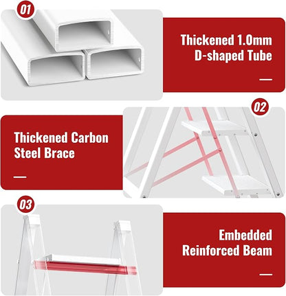 3 Step Ladder, Aluminum Folding Step Stool with Anti-Slip Sturdy and Wide Pedal, Lightweight Portable Stepladder for Home and Kitchen Use Space Saving, Cream White, 330 lbs