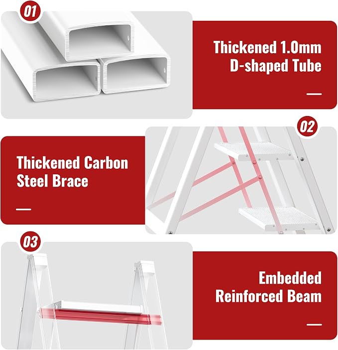 4 Step Ladder, Aluminum Folding Step Stool with Anti-Slip Sturdy and Wide Pedal, Lightweight Portable Stepladder for Home and Kitchen Use, Cream White, 330 lbs