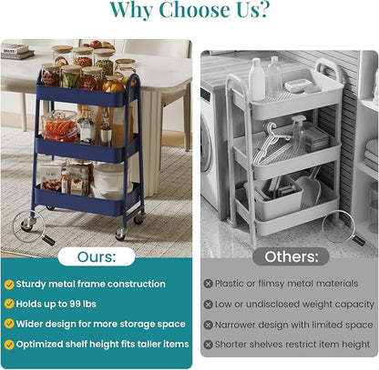 OLIXIS Metal 3 Tiers Utility Rolling Cart, Mobile Storage Shelf with Lockable Caster Wheels, Organization for Livingroom, Bathroom & Narrow Places, Blue