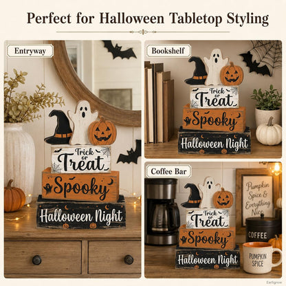 4 Pcs Halloween Decor, Trick or Treat Tiered Tray Decorations, Wooden Block Signs with Ghost Jack-O-Lantern Witch Hat, Farmhouse Rustic Table Centerpiece for Home Kitchen Mantel