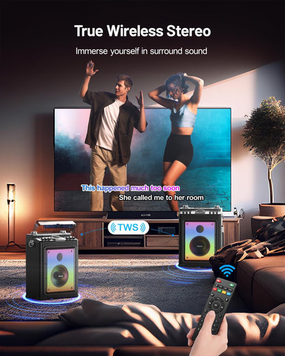 Karaoke Machine for Adults with 2 Wireless Microphones, Professional Bluetooth 5.3 Speaker, Portable Wooden Karaoke System with Bass/Treble Adjustable for Backyard, Home Party-Orange