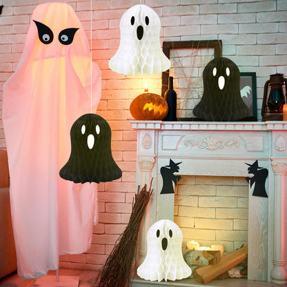 10 PCS Halloween Ornaments Hanging Cute White Black Ghost Honeycomb Decoration Halloween Tree Decorations Paper Ghost Table Decor for Home Office Classroom Holiday Party Supplies