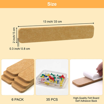 Fushing Cork Boards Felt Bulletin Boards, 13"x2" Pin Boards with Push Pins, Self-Adhesive, No-Drill Wall Mount Pin Boards for Classroom, Office, Home, Dorm, Bedroom Door (6)