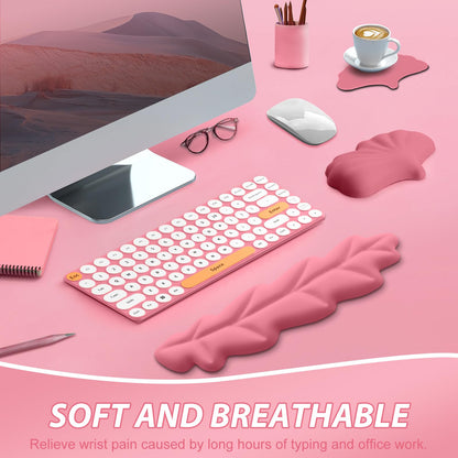 Leather Keyboard Wrist Rest Set, Wrist Rest for Keyboard and Mouse,Wrist Rest with Non-Slip PU Base, Comfortable Memory Foam Ergonomic Wrist Support Pad Arm Cushion for Computer Laptop Mac, Hot Pink