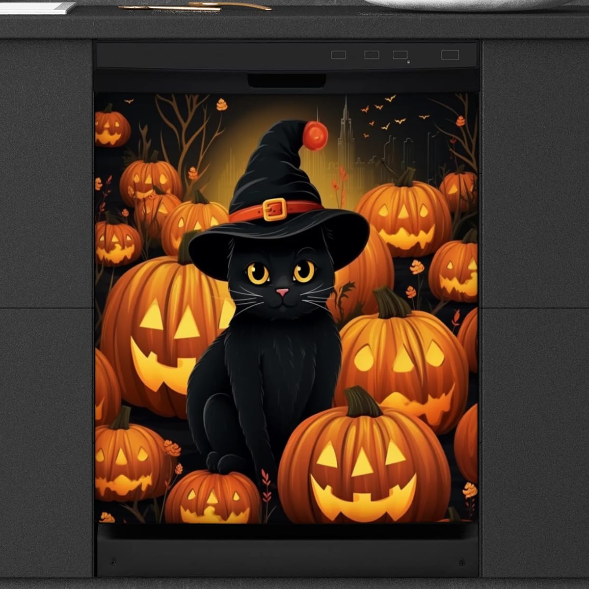 Dishwasher Magnet Cover Halloween Pumpkin Pattern Cut Cat Decorative Magnetic Dishwasher Sticker Front Dishwasher Door Cover 23"x26" for Refrigerator Panel Washing Machine Kitchen Decor