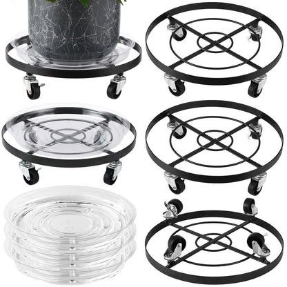 3 Packs Large Metal Plant Caddy 12.6” Plant Dolly with Wheels Heavy-duty Wrought Iron Rolling Wheeled Plant Stand with Casters for Indoor and Outdoor Plant Pot Rollers, 12" Clear Plant Saucers Included