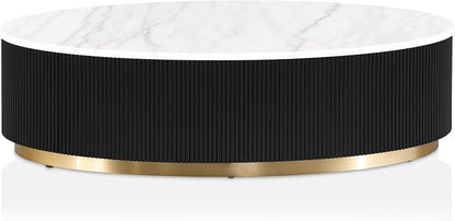 Furniture of America Beryl Modern Oval White Genuine Marble Top Coffee Table with Fluted Pedestal Base and Gold Stainless Steel Accent, Low Profile Table for Living Room, Home Office, Black