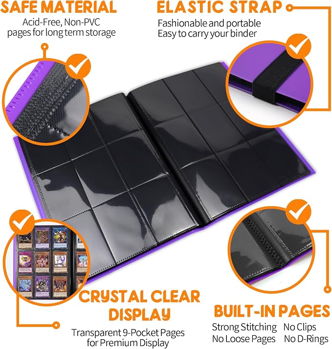 Trading Card Binder 9 Pocket, 360 Card Waterproof Folder with Side Loading Sleeves, Sturdy Card Collection Album for MTG, TCG, Game Cards & Sports Cards (1, Purple)