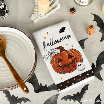Artoid Mode Black Polka Dot Pumpkin Ghost Halloween Kitchen Towels Dish Towels, 18x26 Inch Farmhouse Bat Cobweb Decoration Hand Towels Set of 4