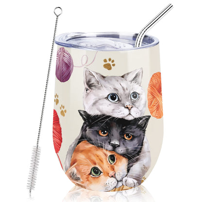 NymphFable 12oz Cat Cup Wine Tumbler With Straw and Lid Stainless Steel Travel Mug Insulated Double Wall
