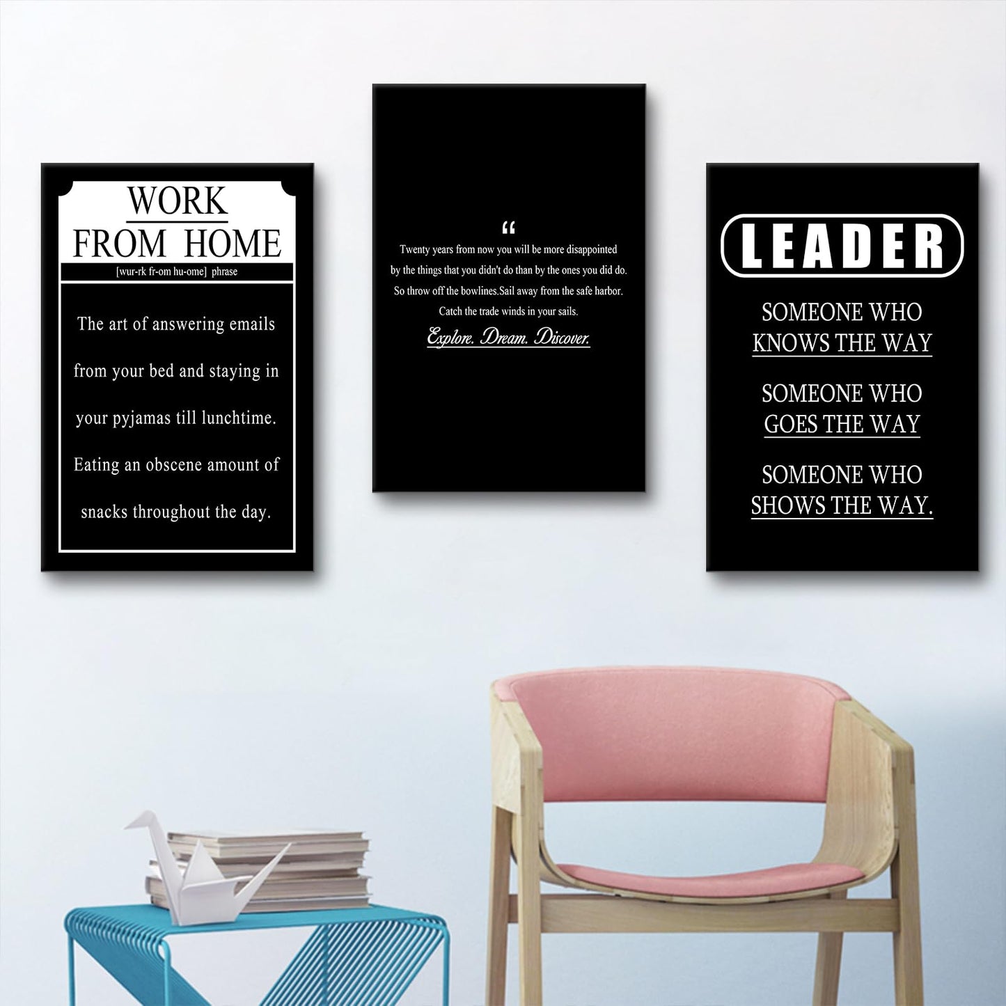 YSPCSUN Triptych Wall Decor Inspirational Posters for Office, Black White Work from Home Leader Quote 3 Panel Canvas Prints for Home Office Dorm Workspace, 48x24 Inch Display