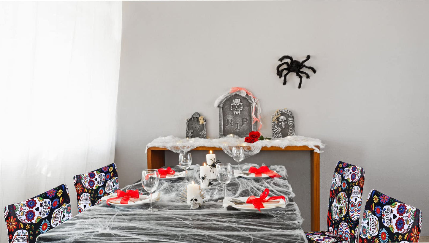 Whaline 4Pcs Halloween Chair Covers The Day of Dead Dining Chair Slipcovers Floral Skull Skeleton Pattern Stretch Elastic Seat Covers for Halloween Party Home Kitchen Hotel Restaurant Ceremony Decor