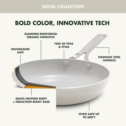 GreenPan Nova 10-Piece Nonstick Cookware Set, PFAS-Free Ceramic Pots & Pans with Silicone Cooking Utensils, Durable Fast Heating, Induction Ready, Oven Safe to 600°F, Dishwasher Safe, Cream White