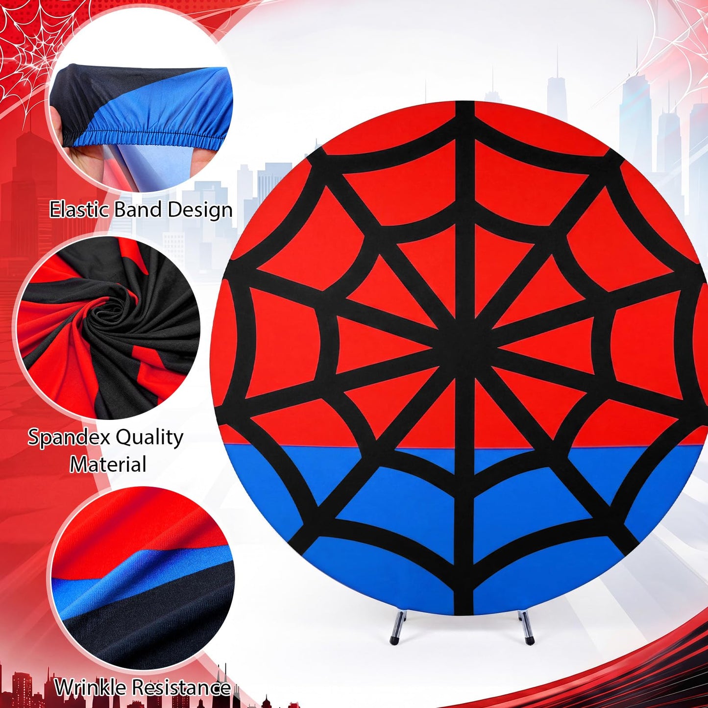 Tegeme 7.2 ft Spiderweb Themed Birthday Round Backdrop Cover Red and Blue Net Circle Arch Backdrop Cover for Photography Baby Shower Birthday Wedding Party Decor