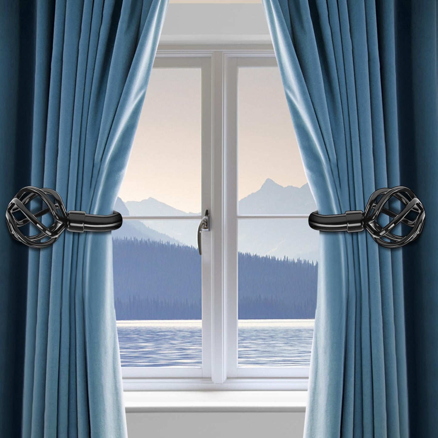 HIKMLK 2pcs Piano Black Metal Curtain Tiebacks - High-Gloss Solid Cast Iron Geometric Holdbacks & Side Holders, Luxury Pull Back Holders for Drapes Window Home Decor