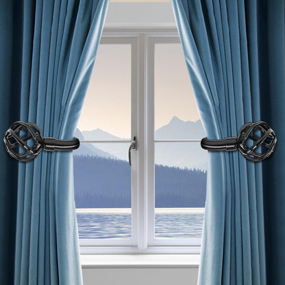 HIKMLK 2pcs Piano Black Metal Curtain Tiebacks - High-Gloss Solid Cast Iron Geometric Holdbacks & Side Holders, Luxury Pull Back Holders for Drapes Window Home Decor
