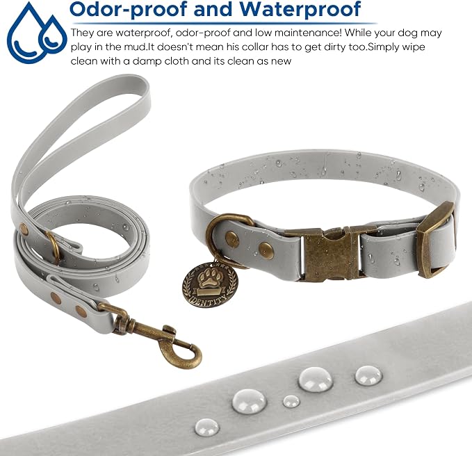 Wisedog Waterproof Dog Collar and Leash Set, Grey, S | Adjustable Puppy Collar, Cute Tag, 4FT Dog Leash, Poop Bag Included, Small Medium Large Dogs